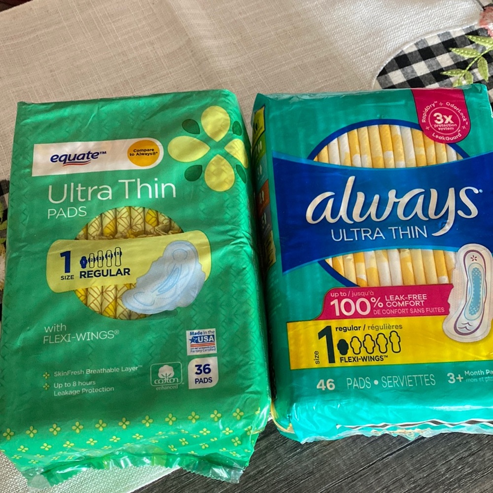 Always ultra thin pads 46 count and Equate pads 26 count with flexi wings.